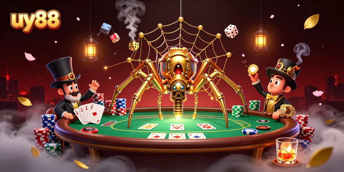 uy88 showcases a vibrant steampunk spider webbing poker luck with a playful Victorian fly gentleman.