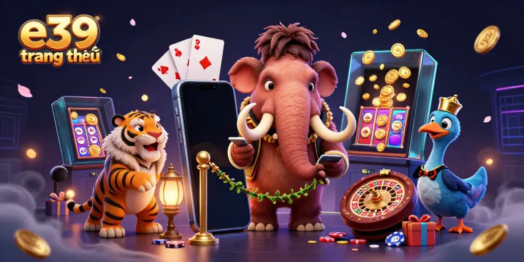 Engage with e39 trang chủ at a vibrant casino scene hosted by a mammoth bouncer, featuring exciting games.