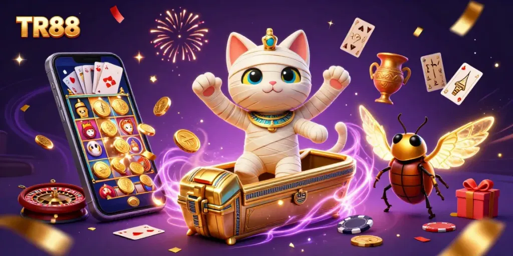 Experience the thrill of TR88 casino gaming with dynamic Egyptian-themed characters and vibrant slot elements.