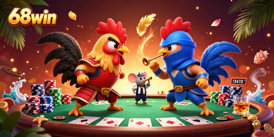 Experience intense gaming at 68win with dynamic 3D fighting roosters and vibrant poker elements.
