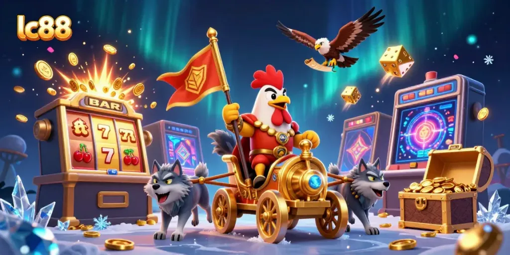 Experience the thrill of play with lc88 featuring exciting symbols, golden chariot, and jackpot bursts.