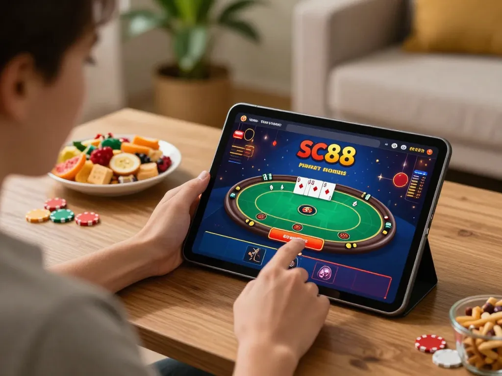Player enjoying sc88 online poker on a tablet in a cozy setting, highlighting engaging gameplay and strategy.