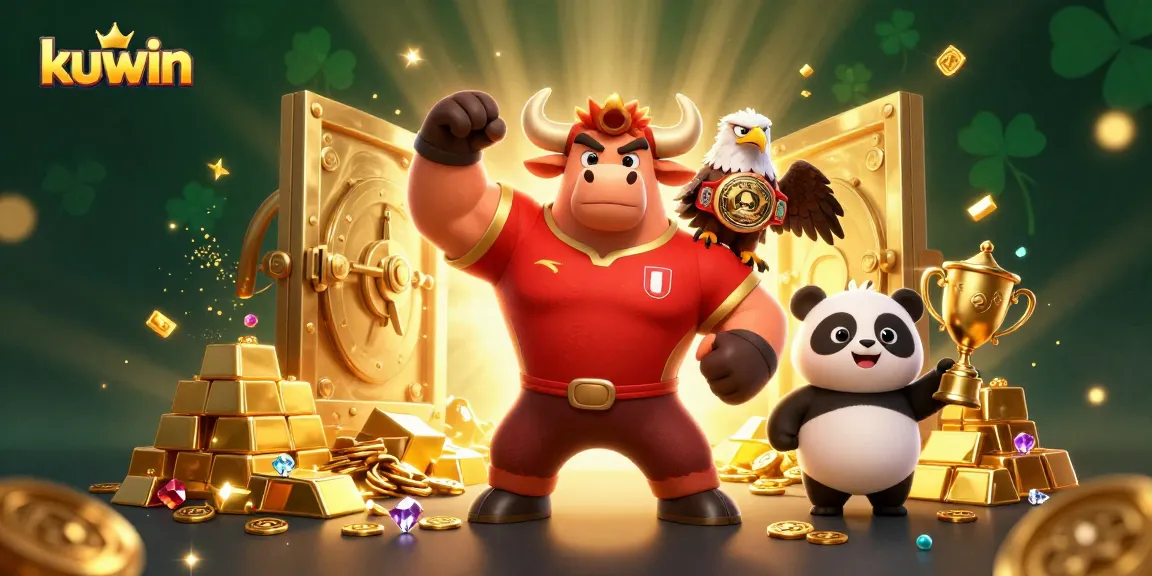 Kuwin offers an exciting gaming experience adorned with a bull, eagle, and panda amidst a treasure-filled scene.