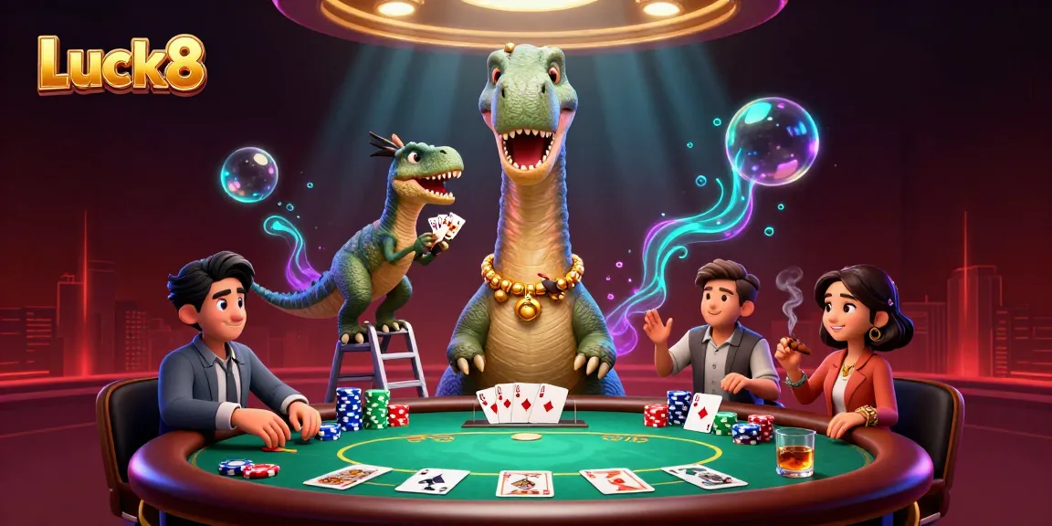 Engage in thrilling gaming adventures at Luck8 with a lively casino scene featuring vibrant characters.