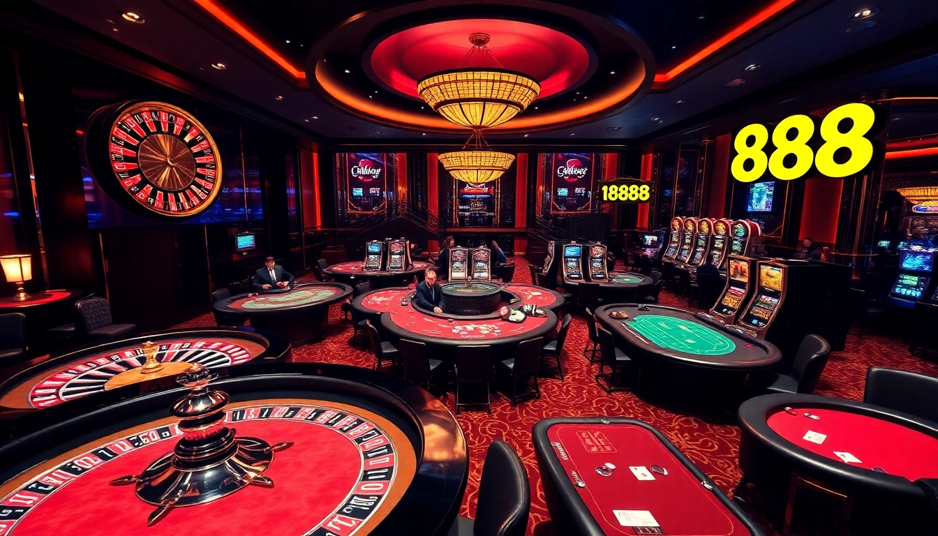 Players enjoying a lively game atmosphere at a luxurious casino with 888b signage visible.