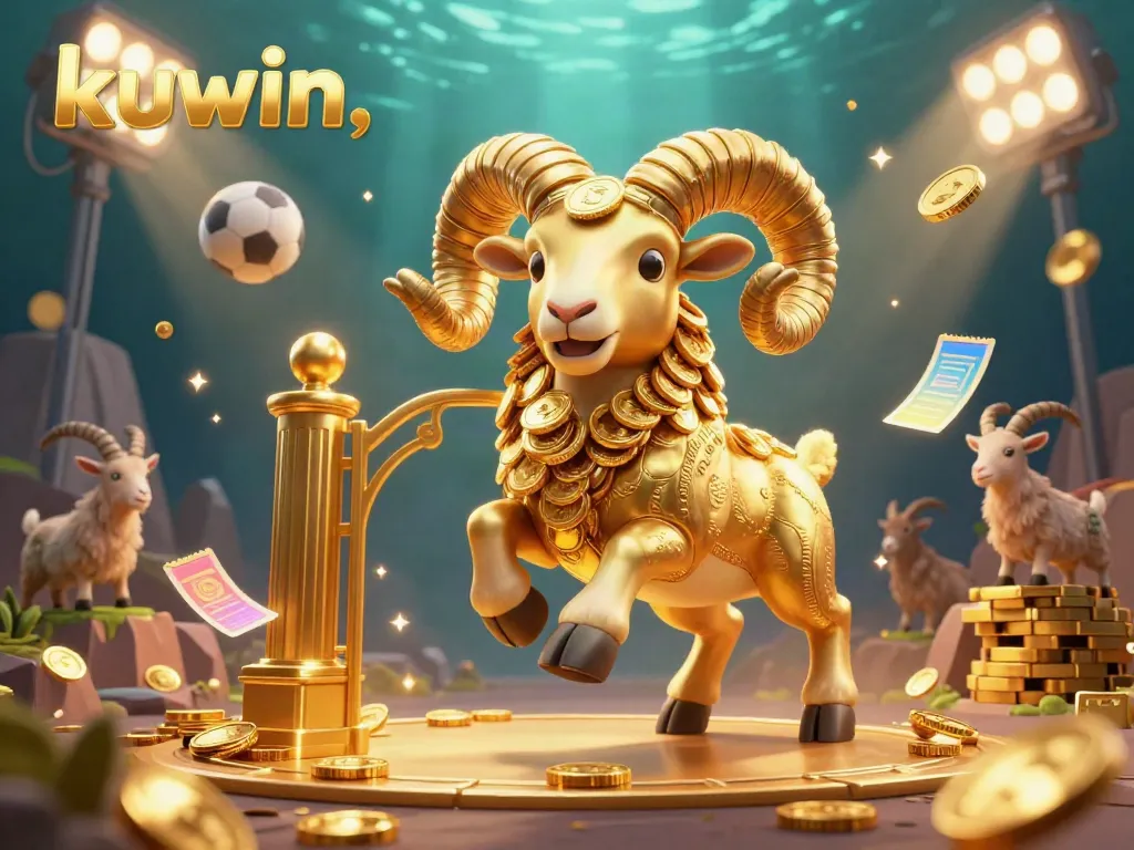 Kuwin's exciting gaming experience displayed through a vibrant 3D cartoon scene featuring a golden ram and sports elements, enticing players to join.