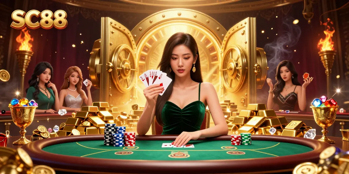 Engage in thrilling poker action with SC88 at a lavish casino table, surrounded by treasures.