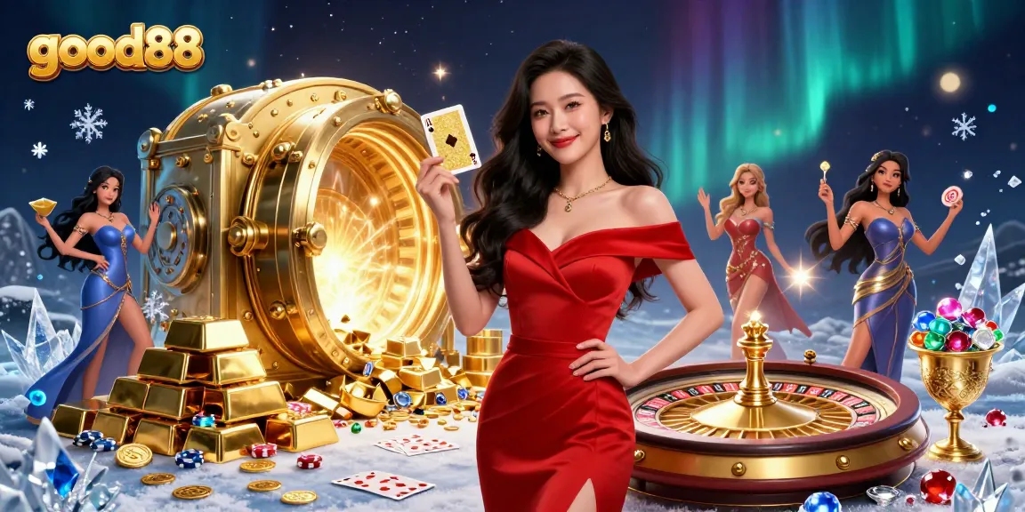 Experience thrilling gameplay at good88 with a stunning casino scene featuring golden treasures, roulette, and a confident dealer.