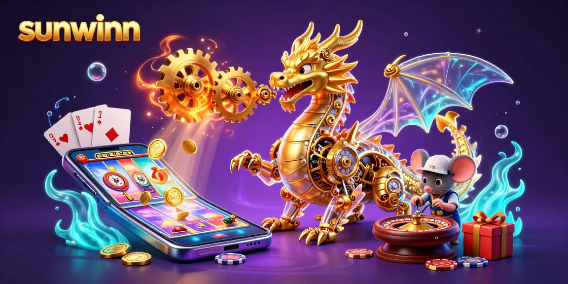 Experience sunwinn with a dynamic 3D dragon and mouse engineer amidst vibrant casino elements.