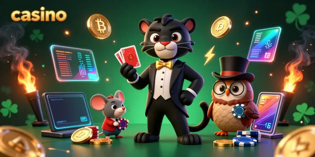 Engaging casino scene with a stylish black panther dealer, owl and lucky mouse, surrounded by vibrant gaming elements
