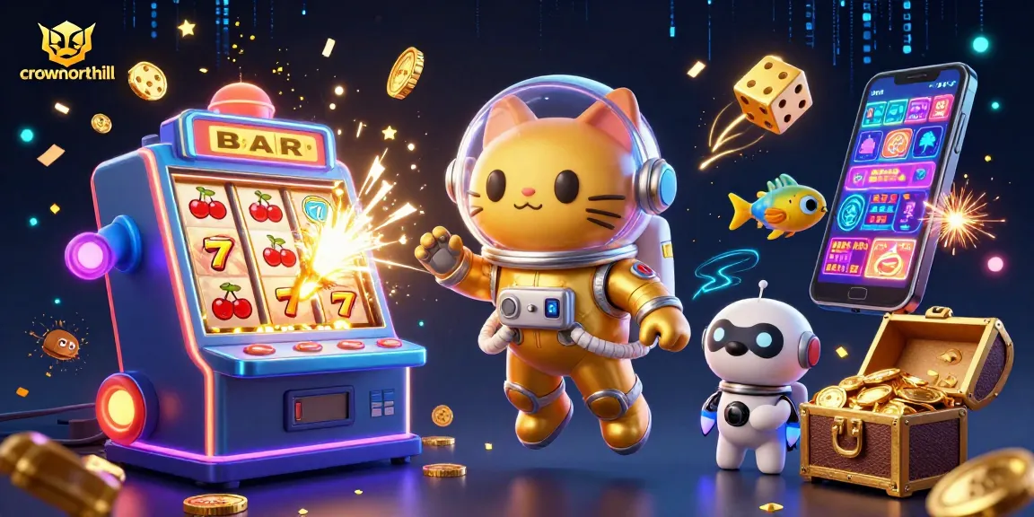 Crownnorthill presents a vibrant 3D scene of a slot cat in zero gravity surrounded by jackpot symbols.