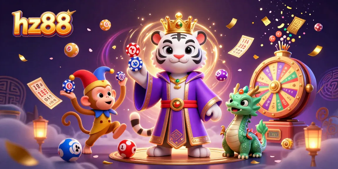 Experience the excitement of gambling with hz88's lively casino scene featuring a tiger, monkey, and dragon.