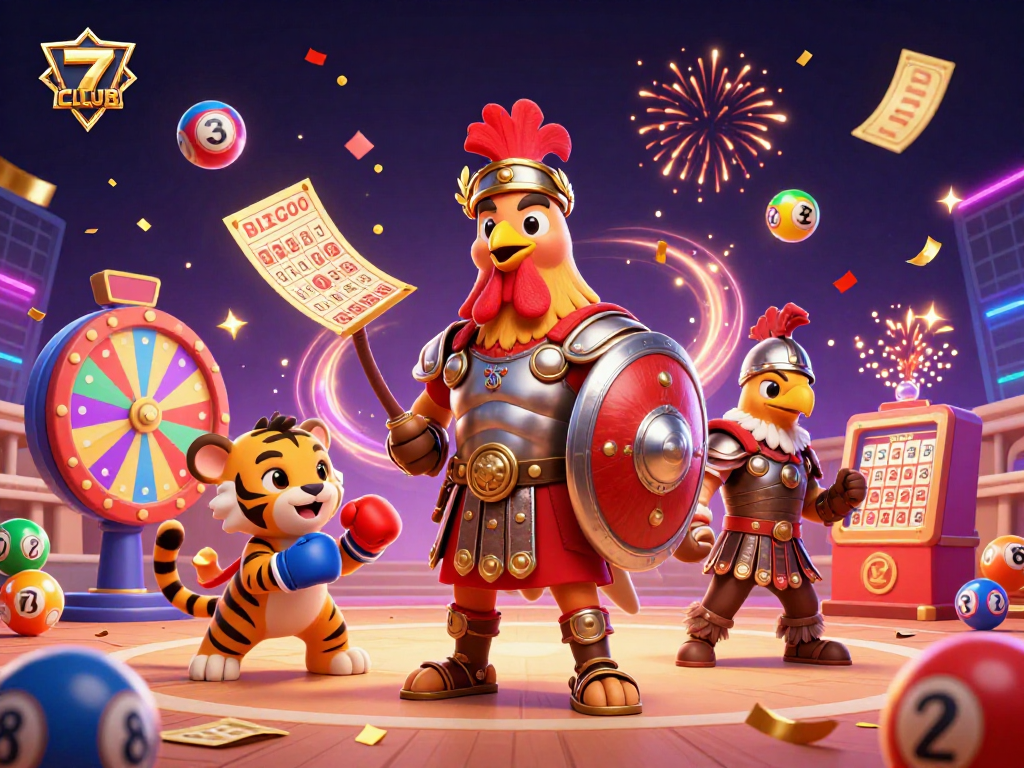 Experience the thrill of 7CLUB gaming with vibrant characters and dynamic lottery elements in this exciting illustration.