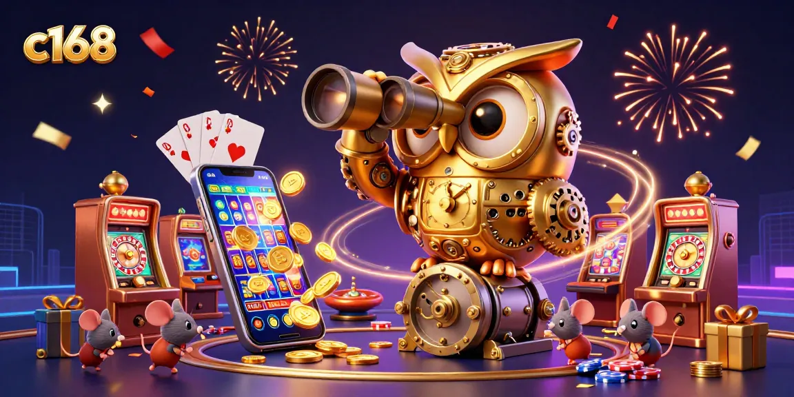 Join the excitement at c168 with a massive golden owl and golden coins erupting in a vibrant casino scene.