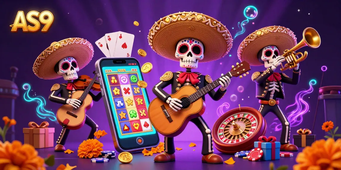 Experience the vibrant AS9 casino atmosphere with a spirited mariachi band amidst colorful gaming elements.