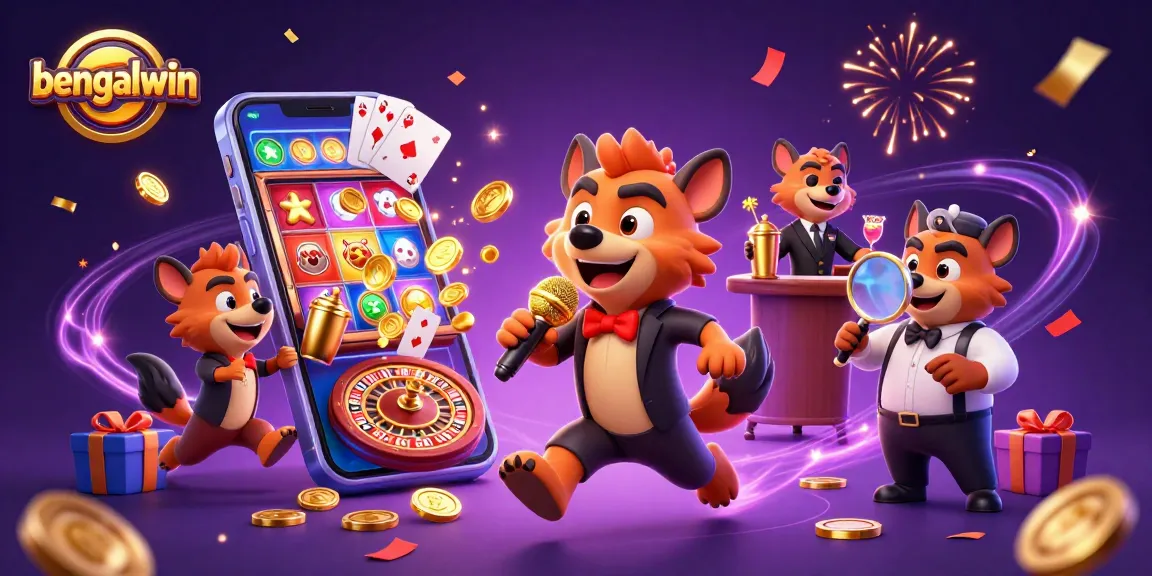 Bengalwin casino hyena characters celebrating with a slot machine and poker elements amidst festive confetti.
