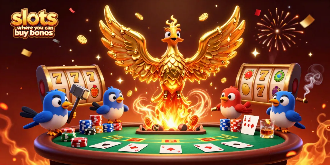 Engaging graphics of slots where you can buy bonus games showcasing a golden phoenix and poker elements.