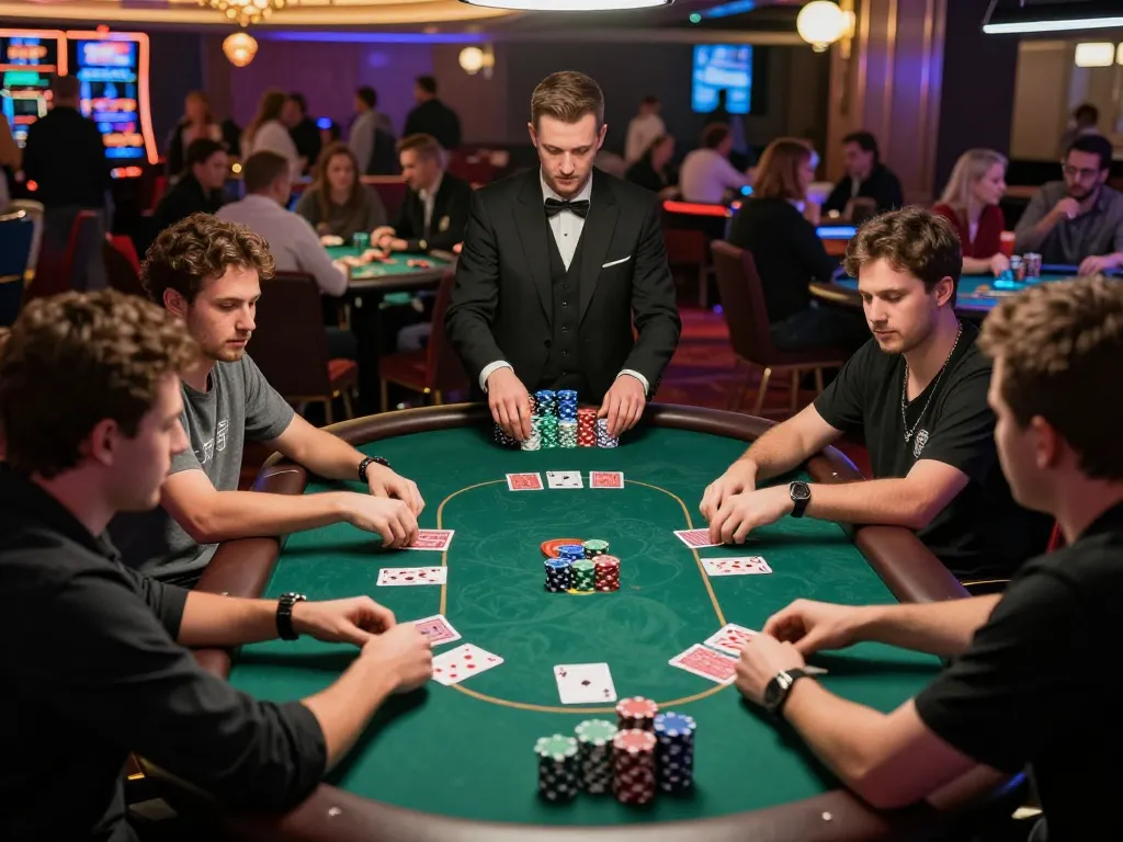Players engaging in a thrilling poker game at DA88 casino with vibrant atmosphere and competitive energy.