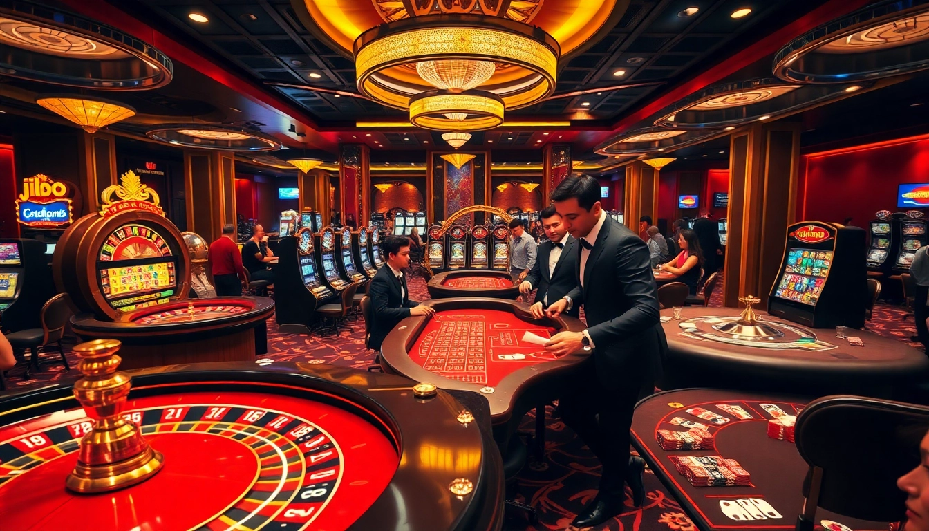 Experience thrilling games at JBO casino with vibrant slot machines and poker tables.