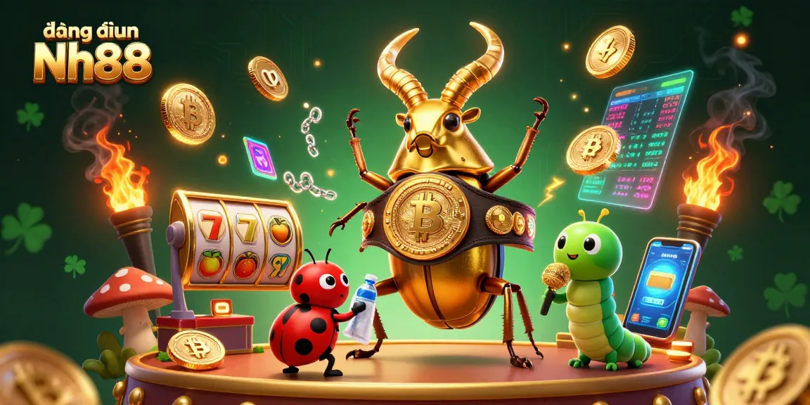 Engage in thrilling gambling excitement with đăng nhập Nh88 showcasing a golden stag beetle in a dynamic casino scene.