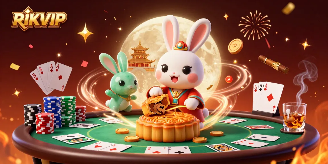 Engage in RIKVIP's thrilling online casino with colorful poker chips, captivating lunar elements, and exciting gameplay.