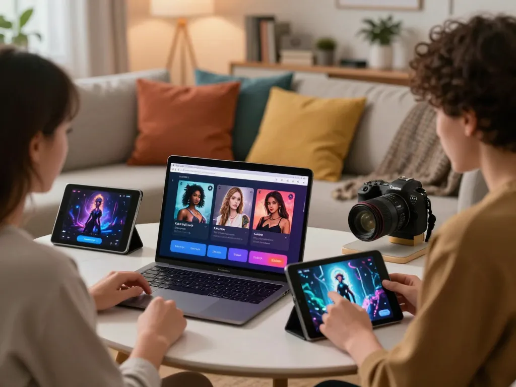 Diverse users engaging in NSFW chat AI on personalized devices with customized characters.