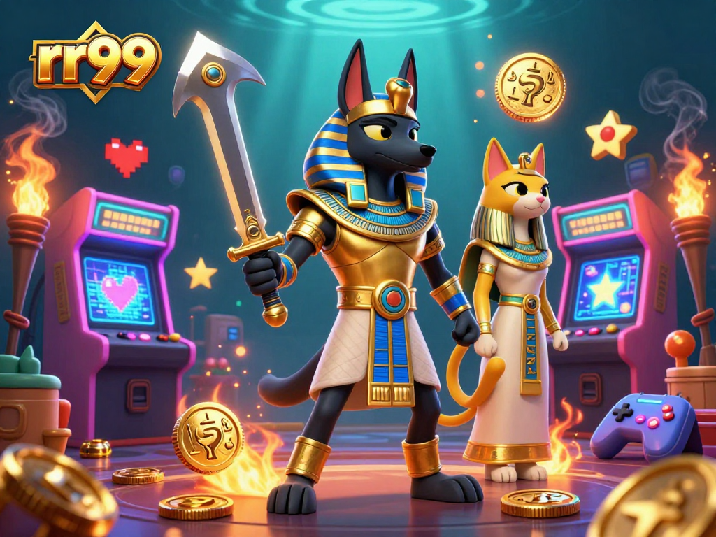 Experience exciting gaming at rr99 with an ancient Egyptian theme featuring Anubis and Bastet amidst casino-style elements.