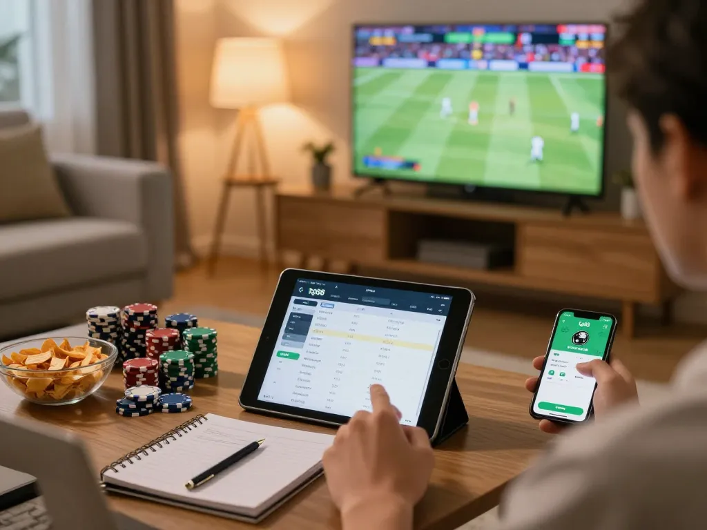 Engaging sports betting with tg88 app and live match on TV, creating an interactive betting environment.