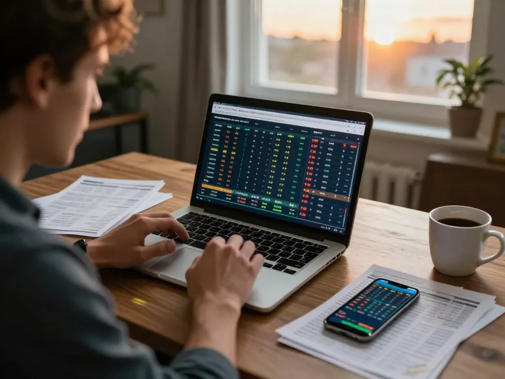Engaging image of a sports bettor analyzing tỷ lệ kèo nhà cái while studying odds and match stats.