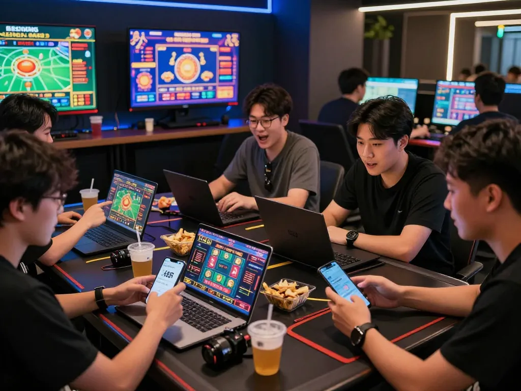 K88 online betting scene showing friends engaged in interactive gambling strategy discussion with vibrant screens.