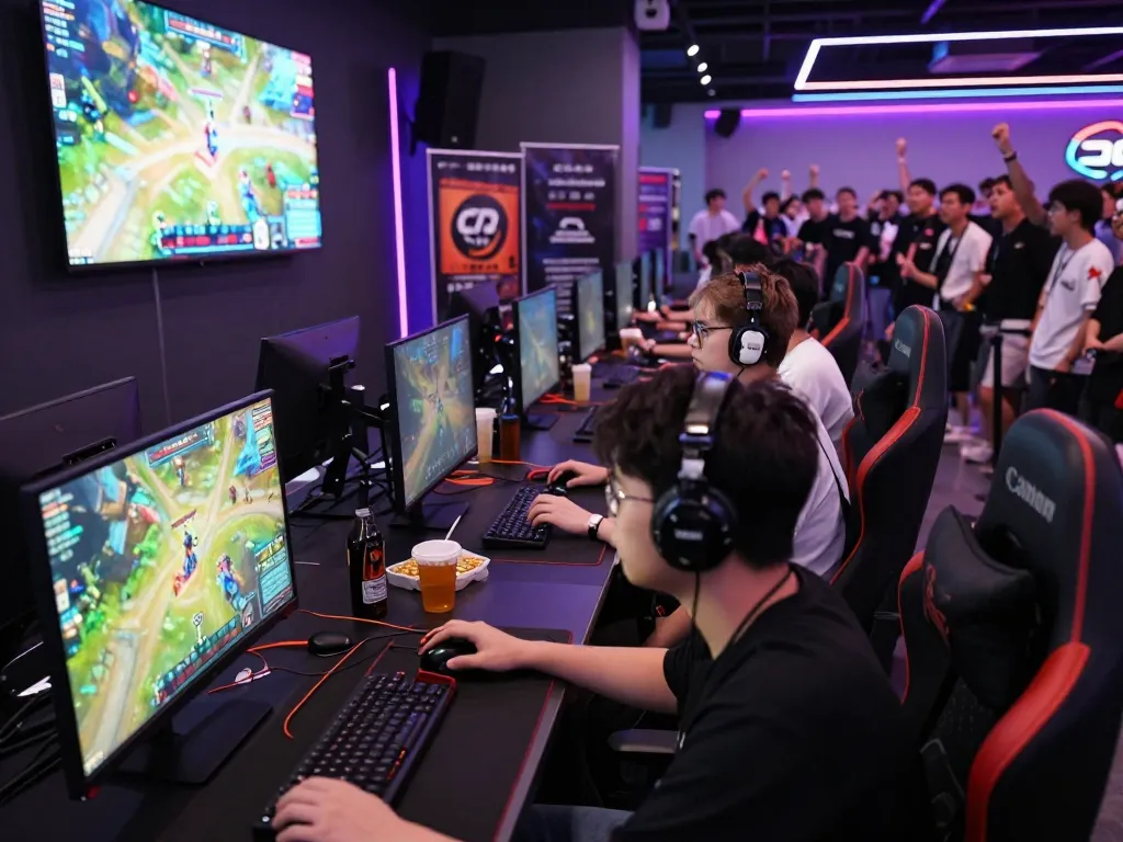 Gaming enthusiasts engage in an intense bomwin tournament at a vibrant expo.