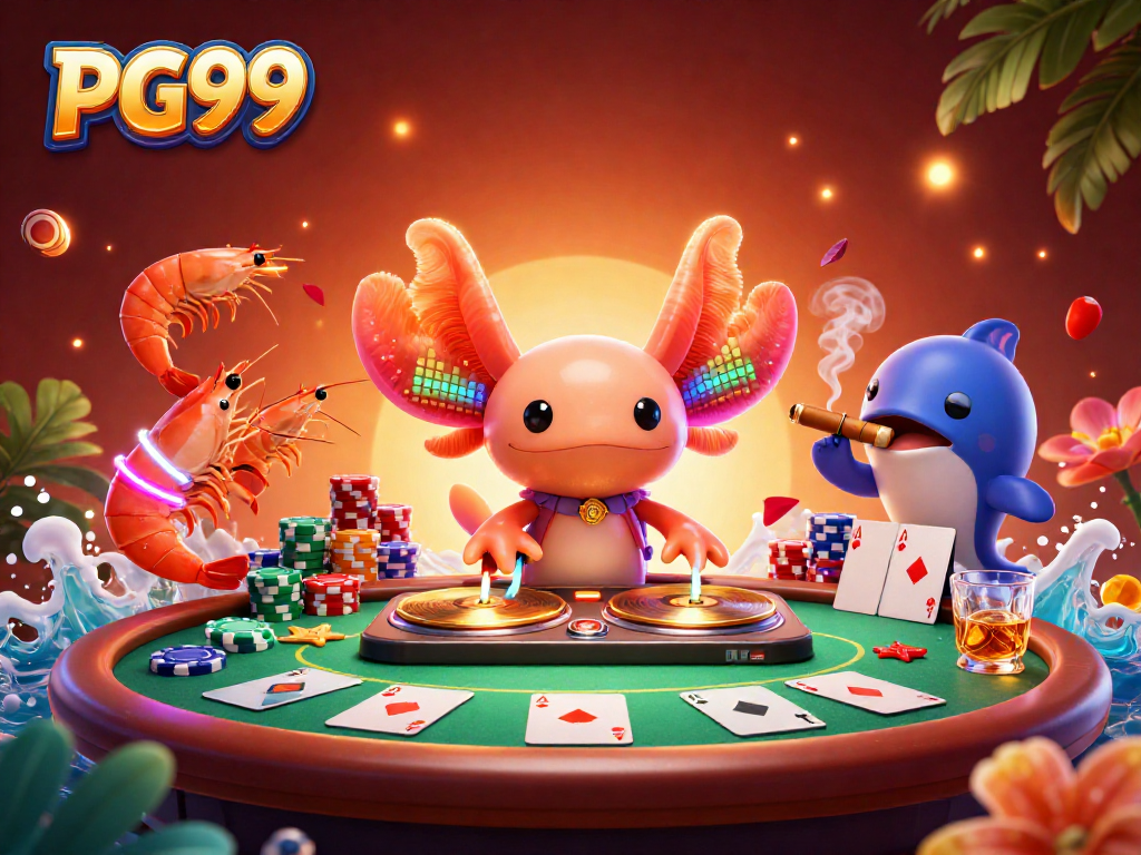 Engage with PG99 at a vibrant underwater casino featuring a DJ axolotl spinning records.