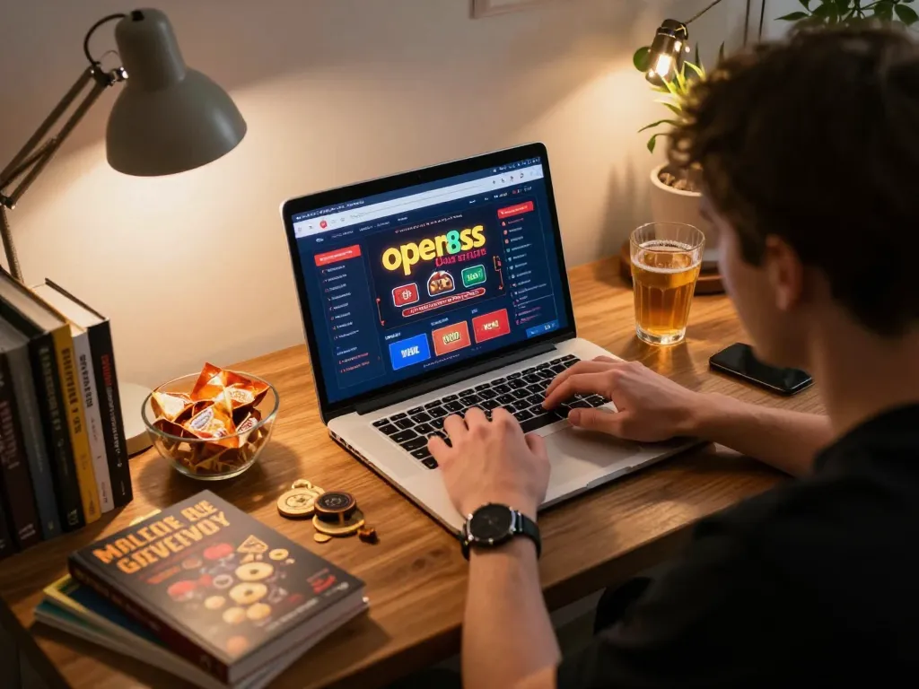 Player enjoying online blackjack on open88ss platform, surrounded by cozy home decor