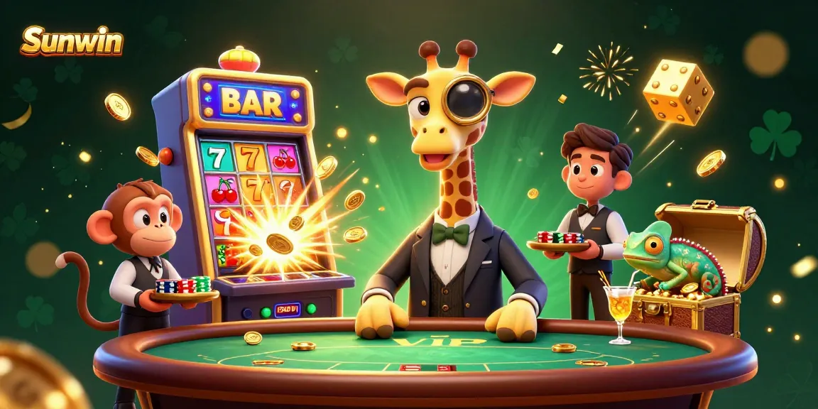 Sunwin captivates players with a vibrant scene of a high-roller giraffe at a VIP poker table, celebrating wins.