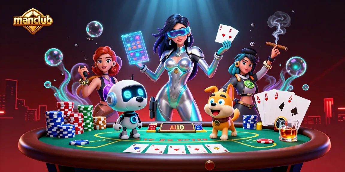 manclub showcases thrilling poker action with a futuristic woman and a robotic dog amid colorful chips.
