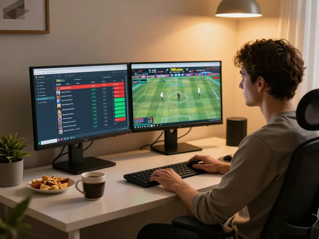 Engaging with 789club's betting interface while enjoying live sports at home.