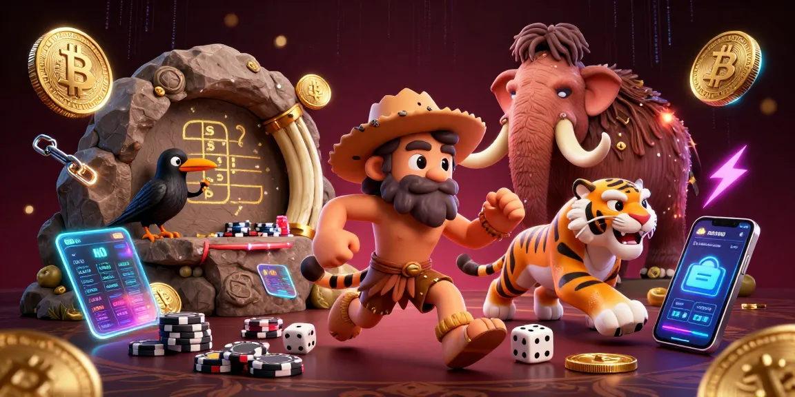 LUCKYWIN takes excitement to another level with a dynamic 3D casino scene featuring cavemen and a sabertooth tiger.