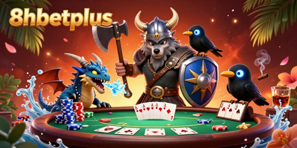 Engage in thrilling gameplay with 8xbetplus featuring a Viking wolf warrior, ice-breathing dragon, and poker elements.