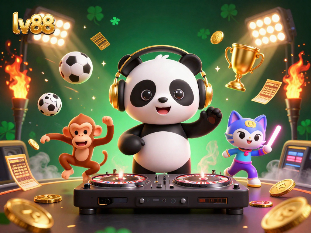 The lively scene at lv88 features a DJ panda, dancing monkey, and rave kitten surrounded by vibrant casino elements.