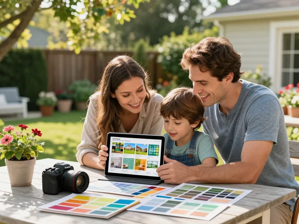 Engaged family using a veranda configurator to design their outdoor space.