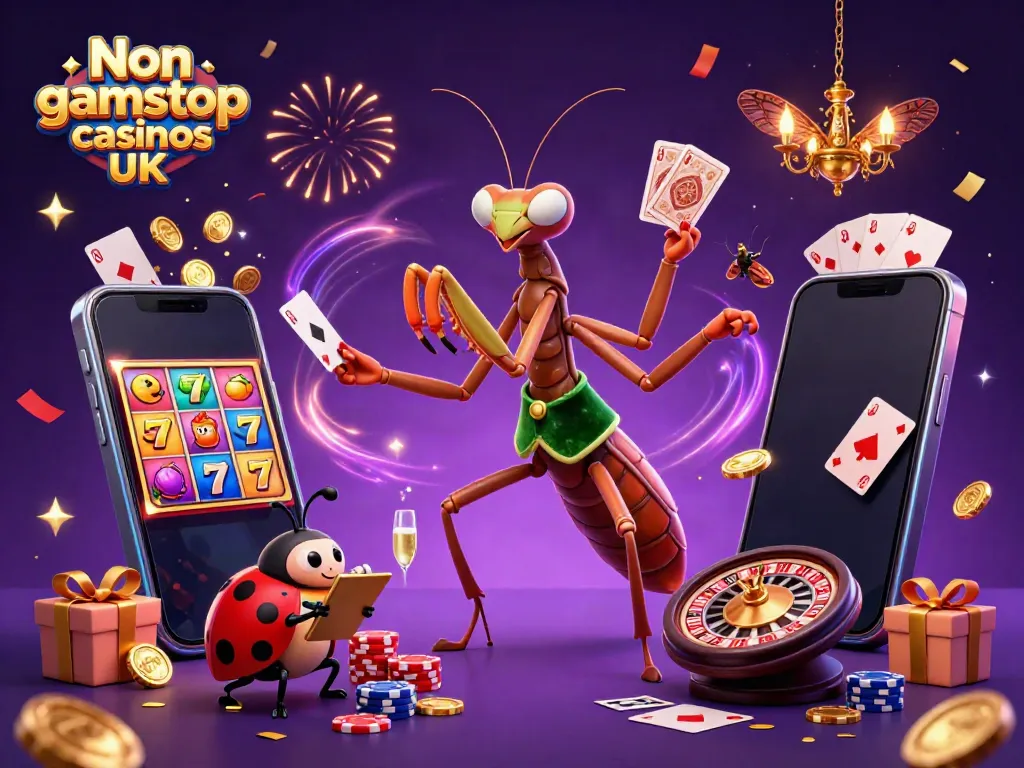 Non gamstop casinos UK festive illustration with cartoon mantis and ladybug in a casino setting.