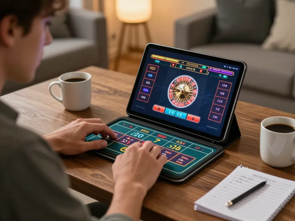 Player engaging in thrilling tr88 online roulette gameplay from home, showcasing vibrant gaming interface.
