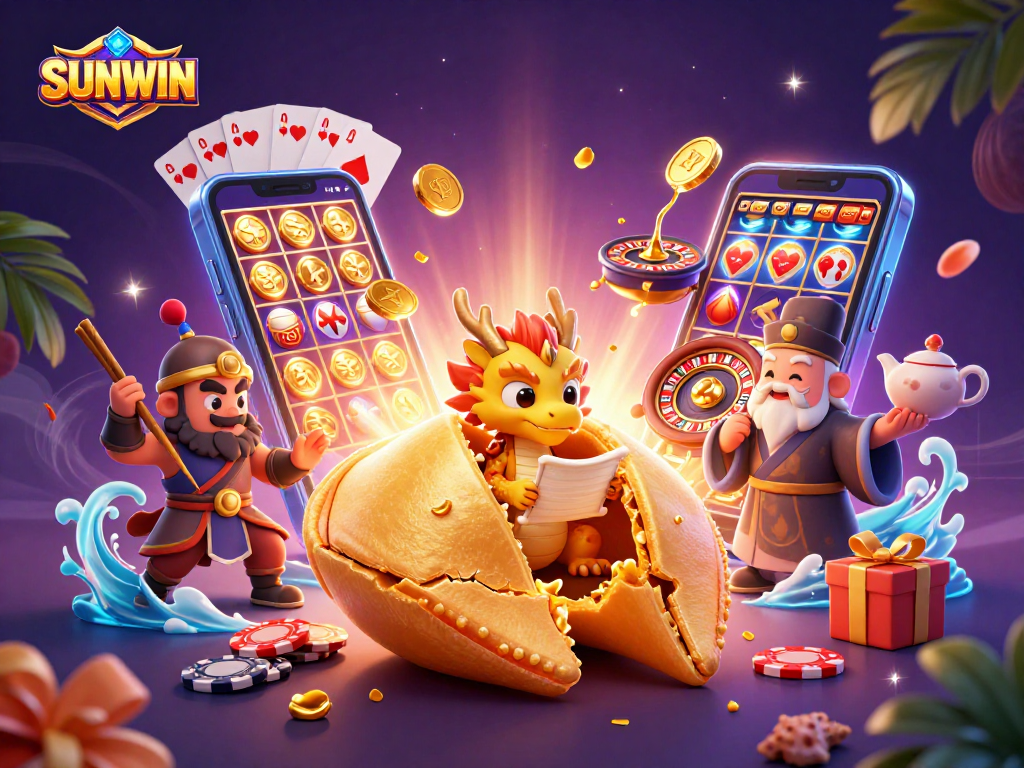 Experience the excitement at SUNWIN with a vibrant 3D casino-themed illustration featuring games and fun elements.