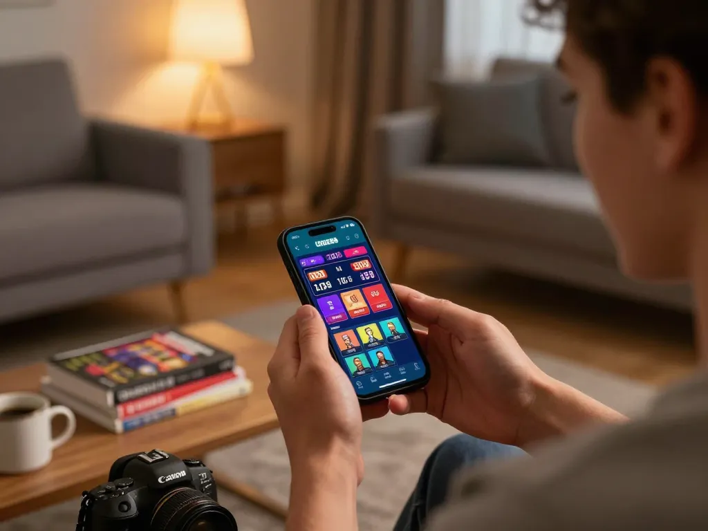 Engaging with LODE88 app on smartphone in cozy home setting, showcasing modern online betting experience.