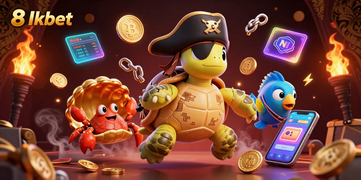 Experience exciting gameplay with 8xbet's vibrant casino illustration featuring a pirate turtle and treasure.