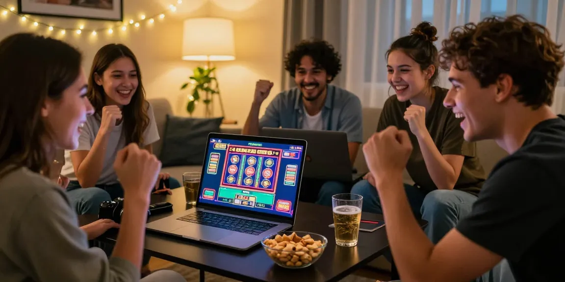 Excited friends enjoying a credit card casino online experience at home while cheering for wins.