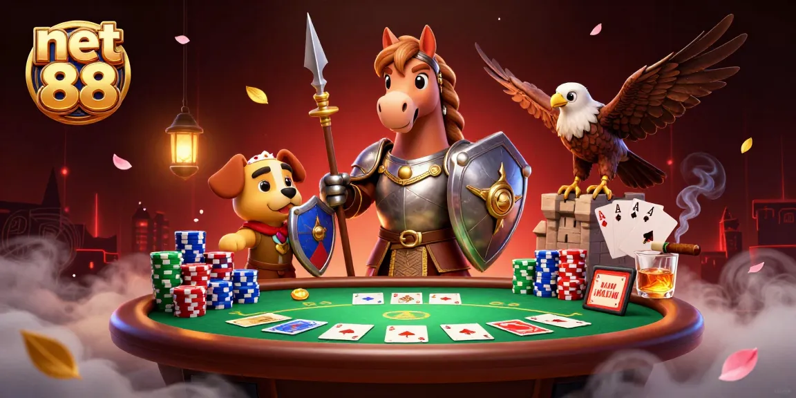 Engage in thrilling poker at net 88 with a knight, puppy, and falcon surrounded by vibrant chips.
