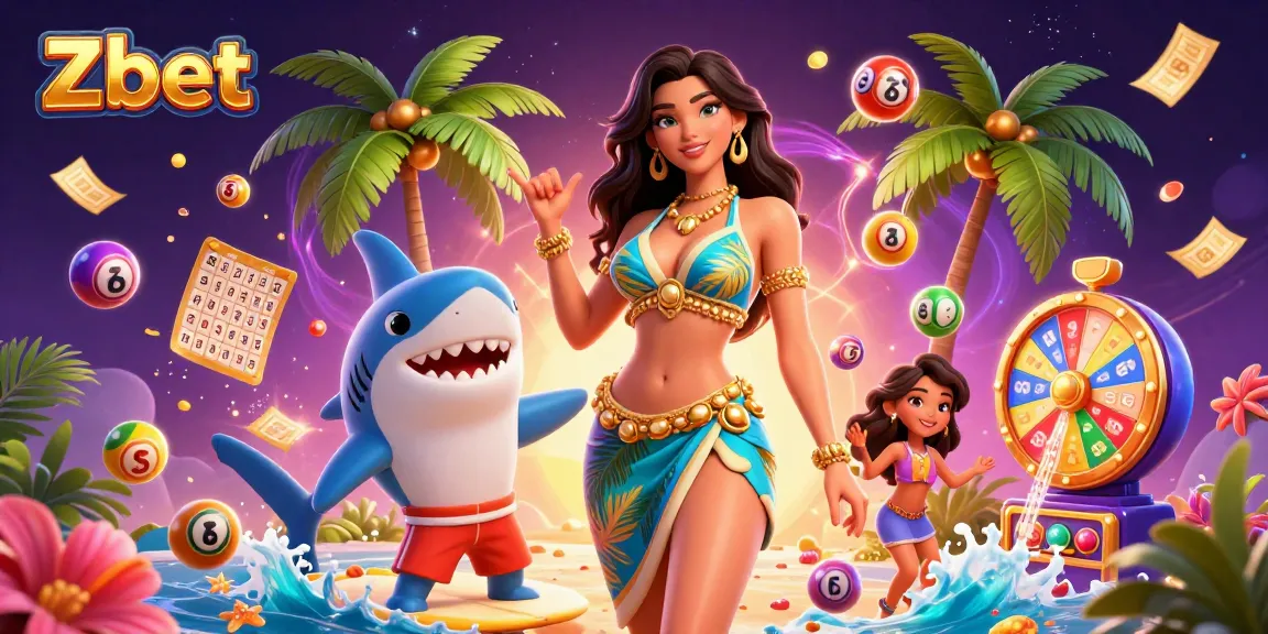 Zbet showcases a vibrant dynamic scene with a glamorous woman and a shaka-sign shark amidst gaming elements.