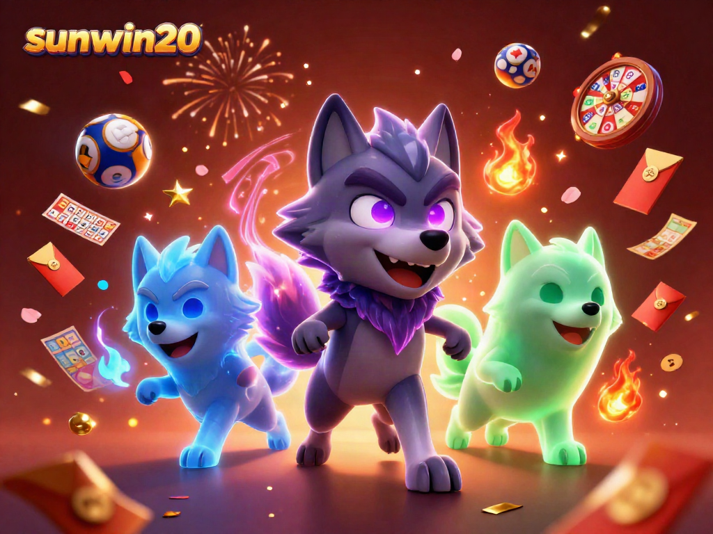 Experience thrilling lottery excitement with sunwin20’s vibrant 3D illustration featuring dynamic characters and festive gaming elements.