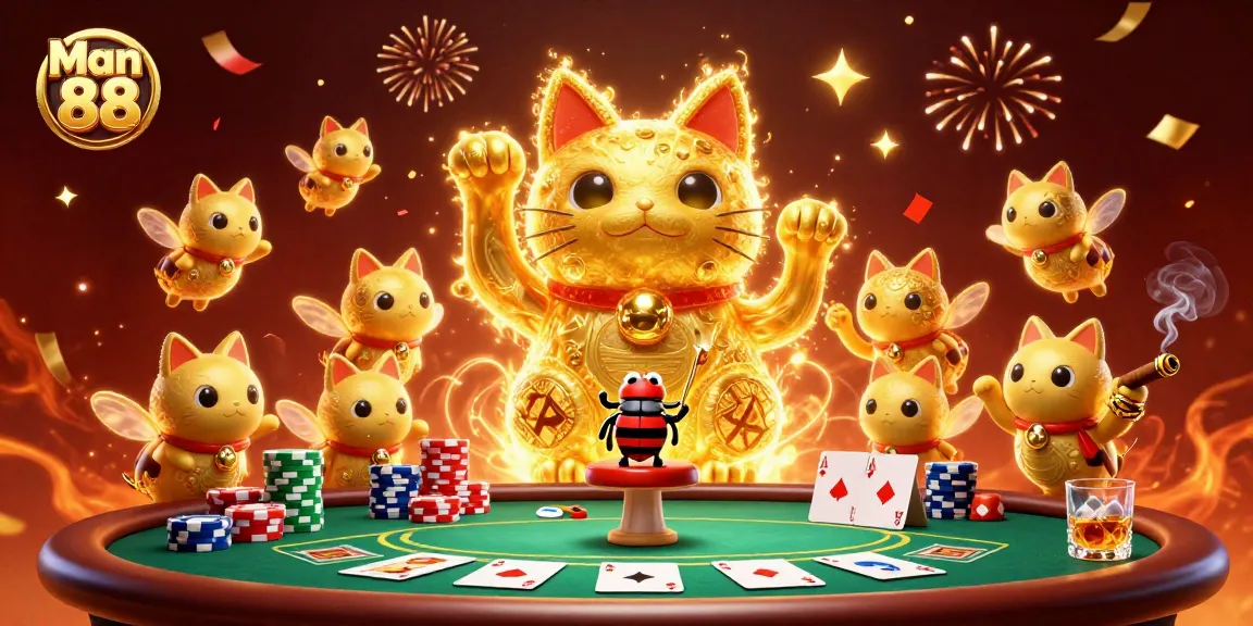 Engage with the vibrant casino action featuring Man 88 in a lucky cat illustration.